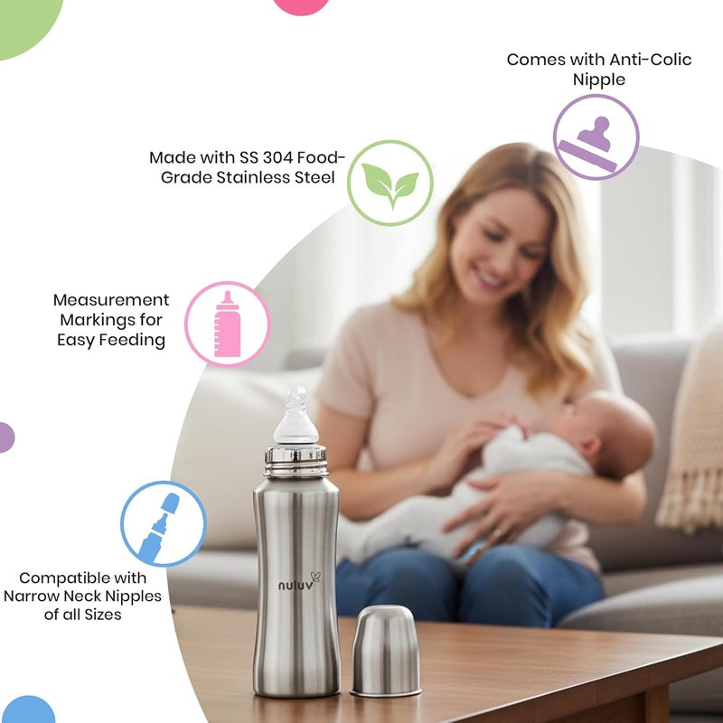 Nuluv Nourish+ Stainless Steel Feeding Bottle with Anti-Colic Silicone Nipple - 240ml - Image 5